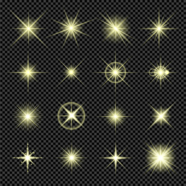 透明背景上的金色灯光。一组明亮的亮点。明亮的黄色光晕。明亮的光线。矢量图图片下载