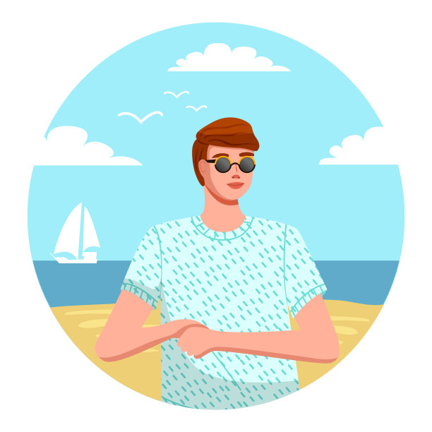 孤立的年轻人头像穿着t恤和太阳镜在海滩海上游艇的背景，肖像图片下载