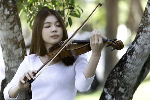 美丽的女子捧着小提琴，在自然风景的背景下，在情感上感受着幸福。图片下载