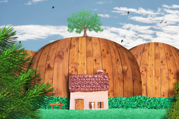 人在田园诗般的山水中带着孤独的家在大自然中，安静的生活，休息的概念。图片下载