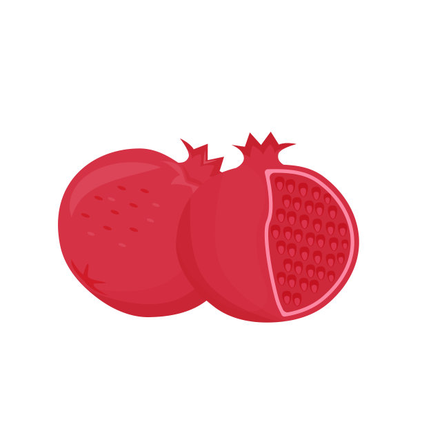 石榴石卡通矢量插图。有机食品，甜甜点，成熟的异国水果平色对象。整个和切碎的石榴，热带沙拉成分分离在白色背景上图片下载