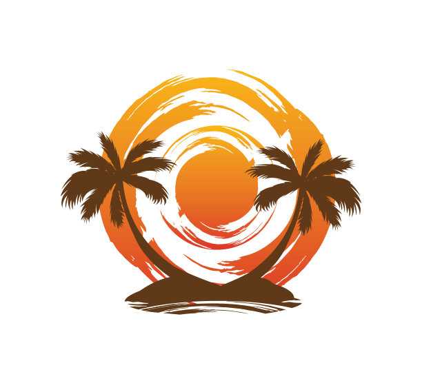 海滩日落棕榈树标志设计模板，矢量图标插图图片下载
