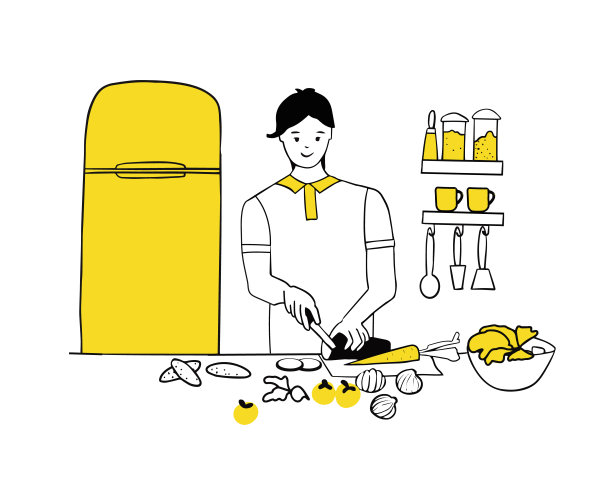 年轻人在厨房做饭。在碗里混合新鲜蔬菜沙拉。约会或晚餐时的健康饮食。饮食和素食。矢量图图片下载