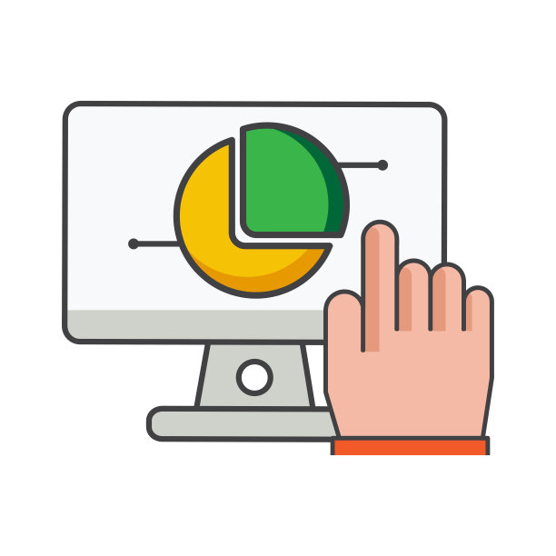 手指点击电脑与饼图图标。商业插图。插图。平面向量的图标。可用于，图标设计元素，ui，网页，移动应用程序。图片下载