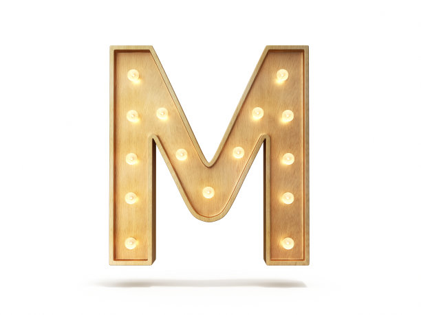灯泡发光字体，3Dalphabet字母M，孤立的白色背景，股票照片图片下载