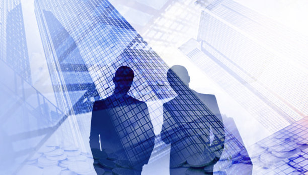 贸易市场。股票市场财务策略合作与商人剪影概念在蓝色背景。双曝光工作- 3d渲染图片下载