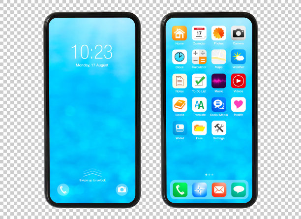 现代手机模型与样品主屏幕。用户界面和应用程序图标完全是虚构的。图片下载