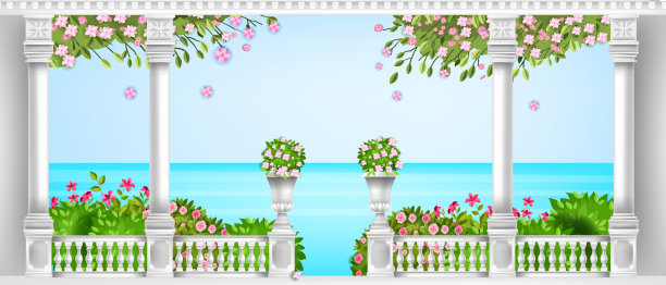 春季地中海栏杆，矢量罗马阳台，大理石柱子，花瓶，盛开的灌木，大海。图片下载