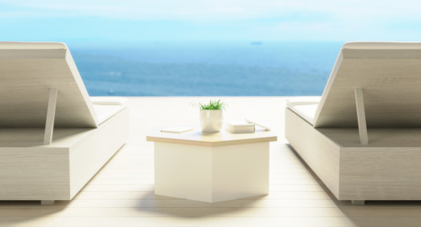 简约豪华的海滩别墅，阳台上的海景现代设计，日光浴床躺椅在度假屋或酒店甲板上。3 d渲染。夏季游泳池别墅外部的插图。关注植物图片下载