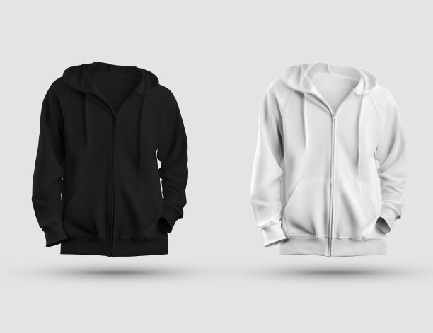 一个白色，黑色帽衫拉链关闭的模型，与折叠的袖子，套衫3D渲染，孤立的背景。图片下载