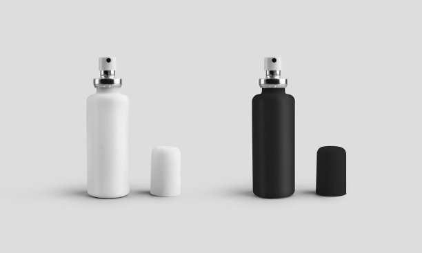 白色，黑色喷雾瓶的模型，为液体，香水，防腐剂，塑料哑光小瓶的设计展示，广告。图片下载