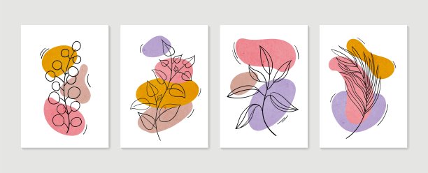 植物墙艺术向量集。简约自然的墙壁艺术。波荷叶线艺术绘画的抽象形状。植物艺术设计版画、墙纸、封面。现代向量插图。图片下载