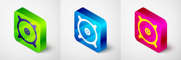 等距汽车音频扬声器图标孤立在灰色背景。方形按钮。向量图片下载