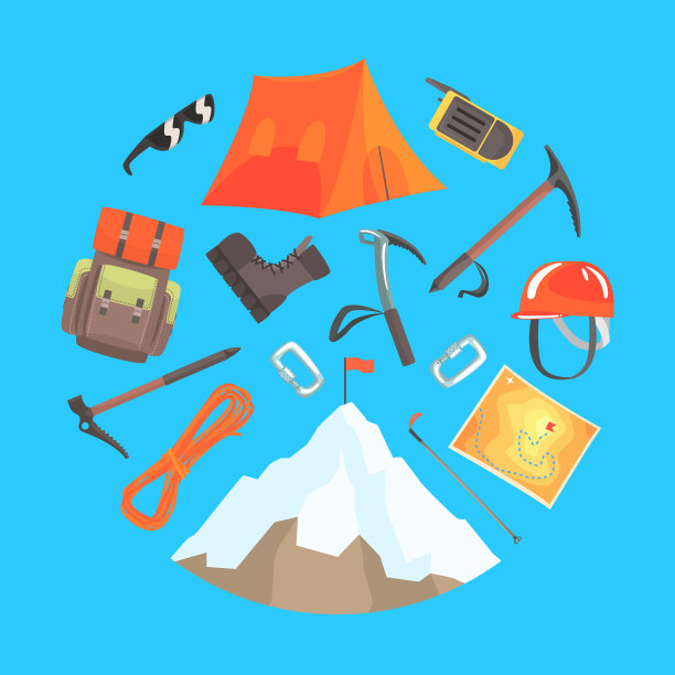 圆形的徒步旅行配件和衣服，登山和冒险概念卡通矢量插图图片下载