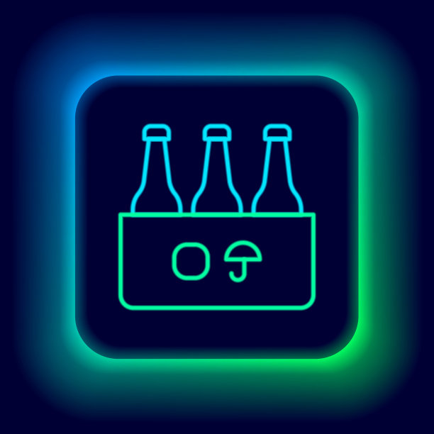 发光的霓虹灯线包装啤酒瓶图标孤立在黑色背景。箱箱啤酒箱标志。色彩斑斓的轮廓的概念。向量图片下载