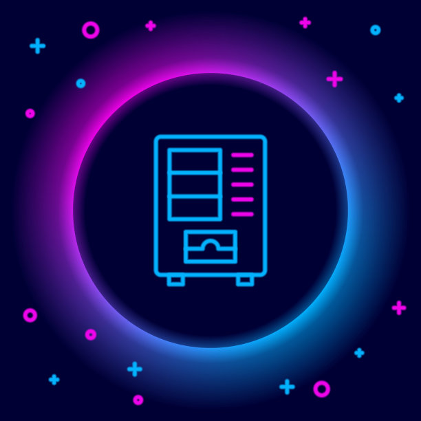 霓虹线自动售货机的食品和饮料自动销售图标孤立在黑色背景。色彩斑斓的轮廓的概念。向量图片下载