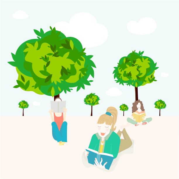 女孩在绿树下看书艺术平面设计元素股票矢量插图图片下载