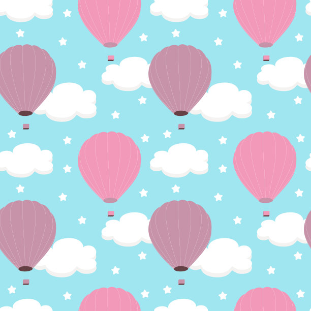 无缝模式与白云和粉红色的气球在蓝天的背景。适用于织物、纺织品、纸张、床上用品等印刷。图片下载