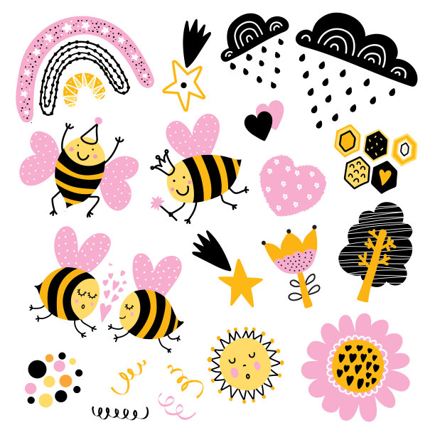 可爱的蜜蜂，彩虹和星星。图片下载
