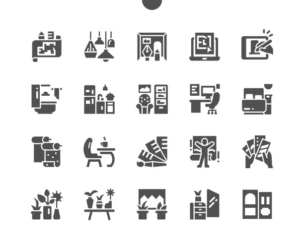 室内设计。选择壁纸。家居装饰，灯具，植物及装饰。浴室、厨房、客厅和卧室。矢量图标。简单的象形图图片下载