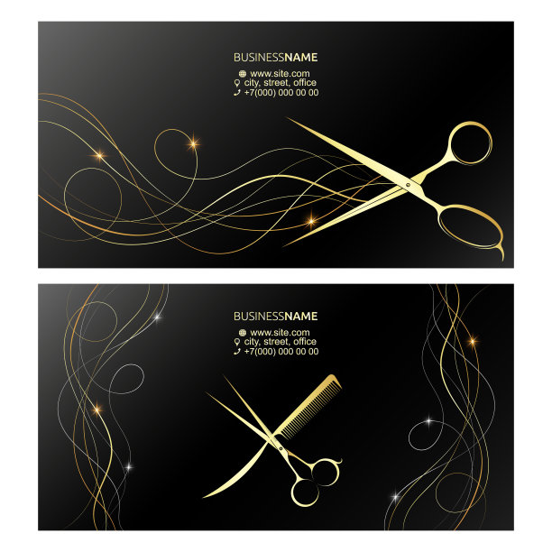 金剪刀和卷发的名片概念图片下载