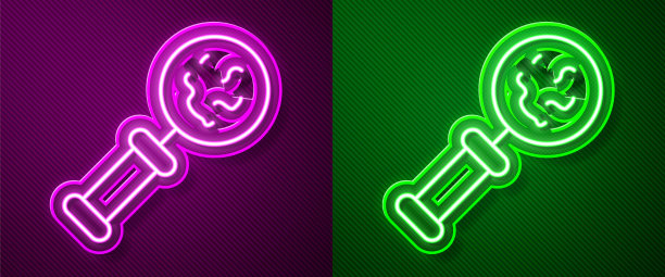 微生物在放大镜下的图标隔离在紫色和绿色的背景。细菌和细菌细胞癌症微生物病毒真菌向量图片下载