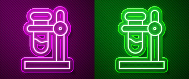 发光的霓虹灯线玻璃试管烧瓶支架上的图标孤立在紫色和绿色的背景上。实验室设备。向量图片下载