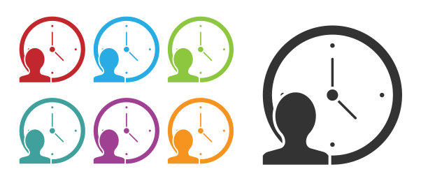 白色背景上的黑色时间管理图标。时钟和齿轮标志。生产力的象征。设置图标丰富多彩。向量图片下载