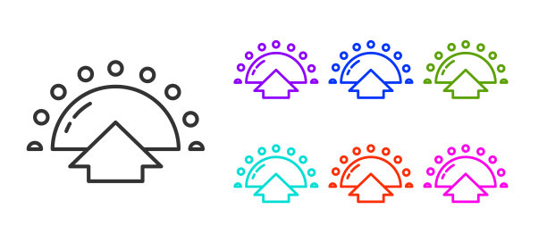 黑线日出图标孤立在白色背景上。设置图标丰富多彩。向量图片下载