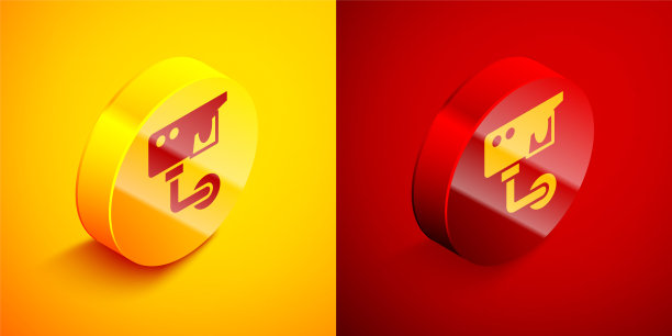 等距安全摄像头图标隔离在橙色和红色的背景。圆按钮。向量图片下载