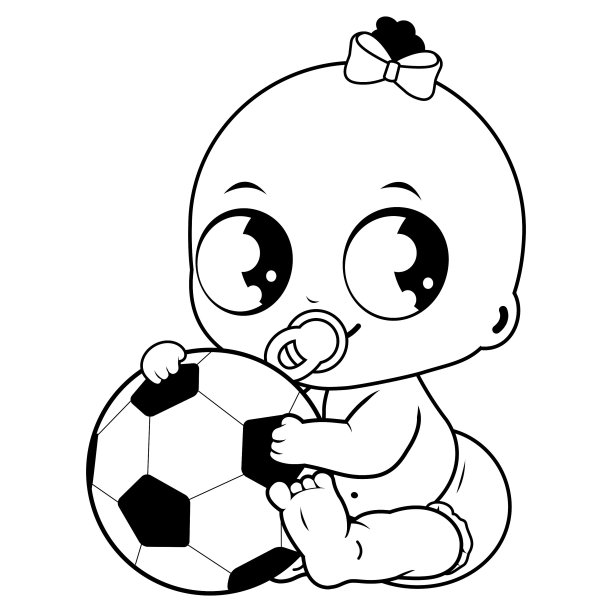 抱着足球的小女孩。矢量黑白着色页图片下载