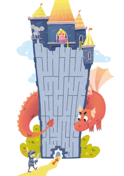 儿童游戏任务迷宫。一座由龙守护的公主城堡。如何拯救公主。图片下载