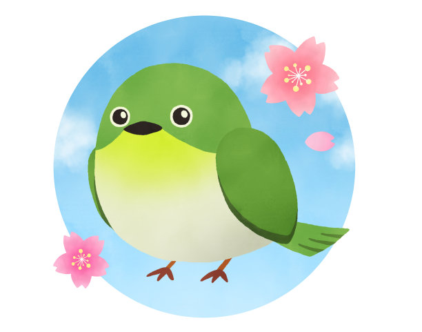 可爱的白眼和樱花的水彩插画蓝色的天空日本圆图片下载