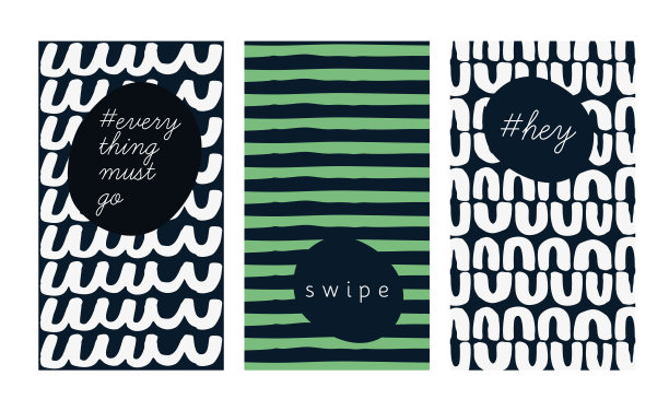 一套春夏销售故事新鲜的社交媒体张贴网络横幅。复古条纹条纹图案手绘有机形状平面设计诡异抽象单色黑白色绿。斯堪的纳维亚风格的传单小册子覆盖零售商店的橱窗展示图片下载