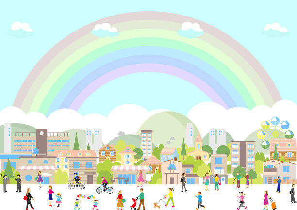 生活方式人们在城市彩虹天空图片下载