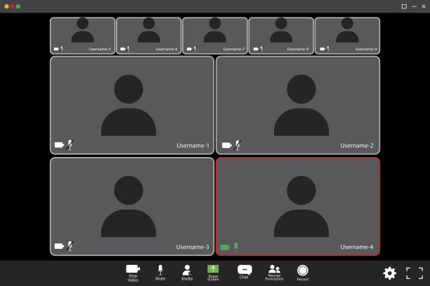 缩放界面模型。通信的概念。九个参与者。中间的四个参与者都很大。股票的形象。每股收益10。图片下载