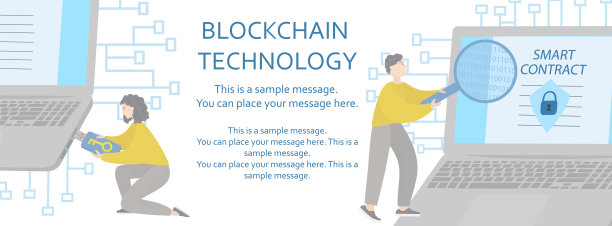 有笔记本电脑的人签智能合约。区块链技术、电子文档和数字签名。开发智能合约。矢量平面水平横幅为社交网络或网站。图片下载