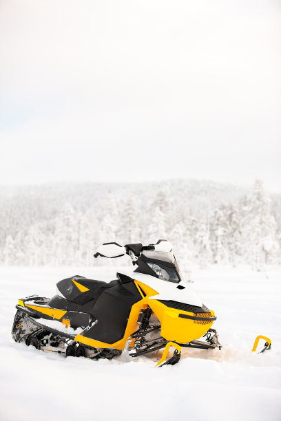 黄色的雪地摩托站在雪地上，背景是冬季的风景。图片下载