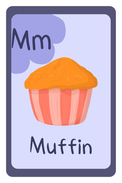 彩色abc教育卡片，字母M -松饼。字母矢量插图与食物，水果和蔬菜。学校、学习、学习的理念。图片下载