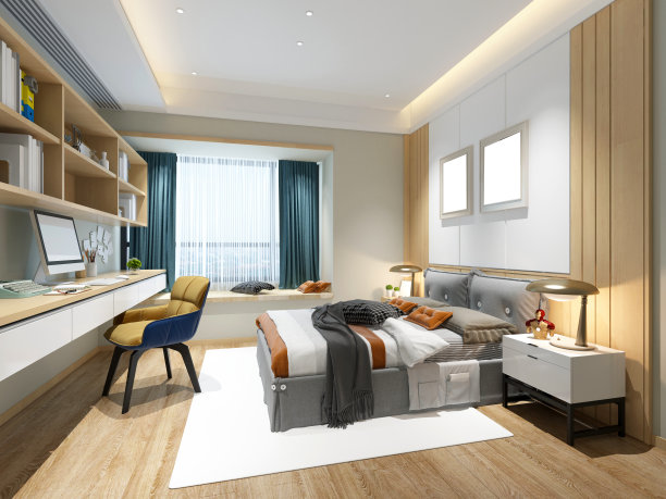 豪华酒店套房，卧室的3d渲染图片下载