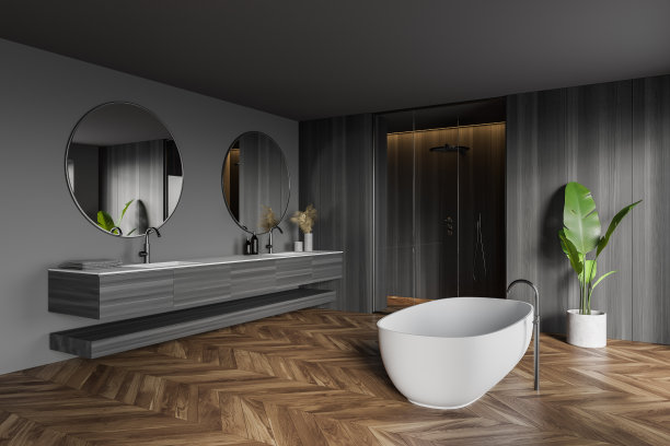 灰色和木制浴室角落，浴缸，水槽和淋浴图片下载