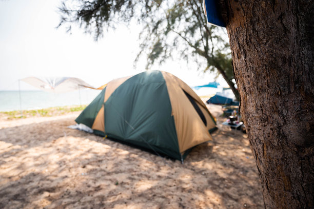 旅游帐篷在海上度假，模糊的图片在帐篷，集中在树。图片下载