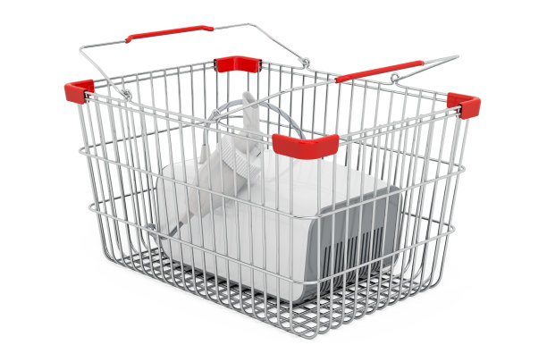 带喷雾器的购物篮，白色背景上的3D渲染图片下载