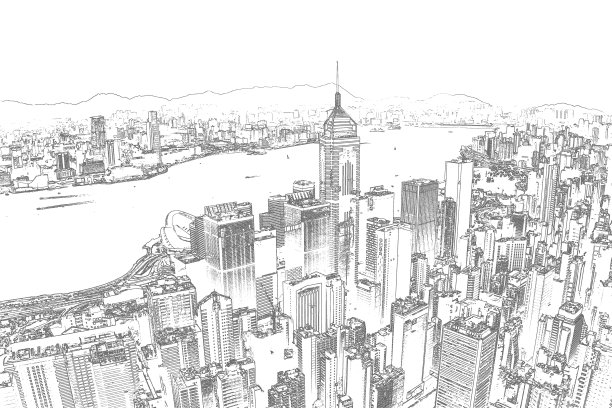手绘香港建筑抽象画图片下载