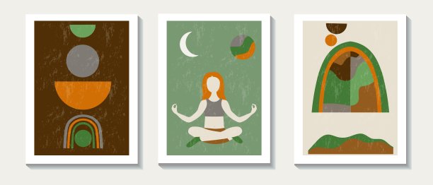 现代瑜伽。70年代风格的横幅，力量和平静，三张照片，矢量插图图片下载