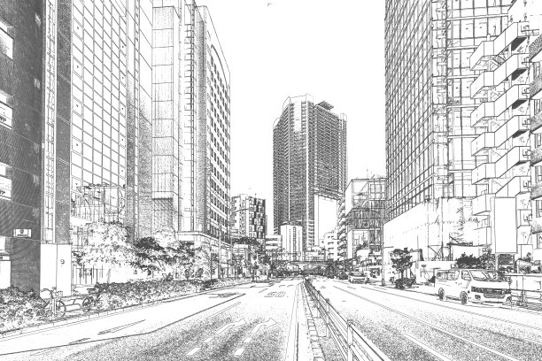 东京手绘建筑抽象画图片下载