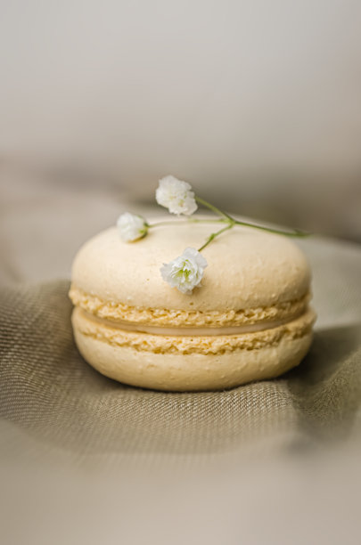 杏仁饼干在模糊的背景上是米黄色的，上面开着白色的小花。满天星香。照片的垂直定位和艺术处理。图片下载