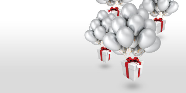 白色礼盒与丝带和气球漂浮在白色的背景最小概念插图生日，新年，圣诞节，3d渲染图片下载