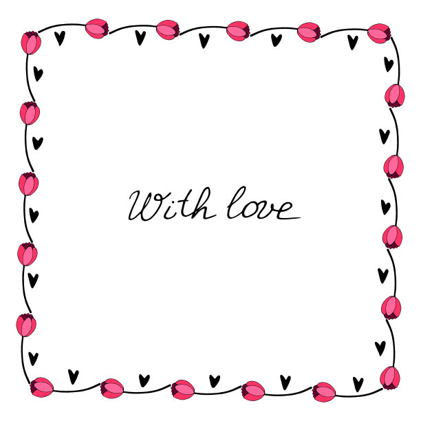 写着情书。矢量方形框架，红色郁金香和心形的花环。手绘涂鸦孤立。背景，边框，贺卡标题，请柬，婚礼，生日，情人节图片下载