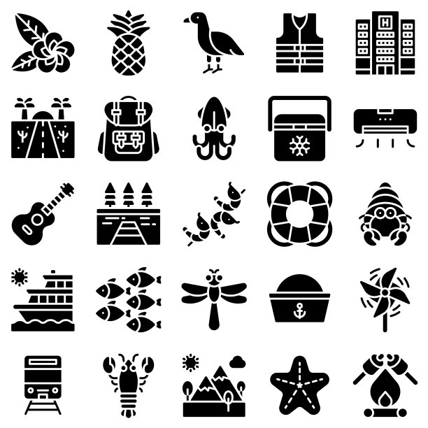 暑假相关图标设置5个solid style图片下载